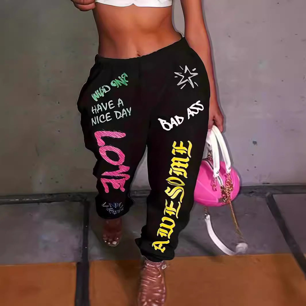 Damen lässige Jogginghose mit buntem Schrift-Design und elastischem Bund R&B
