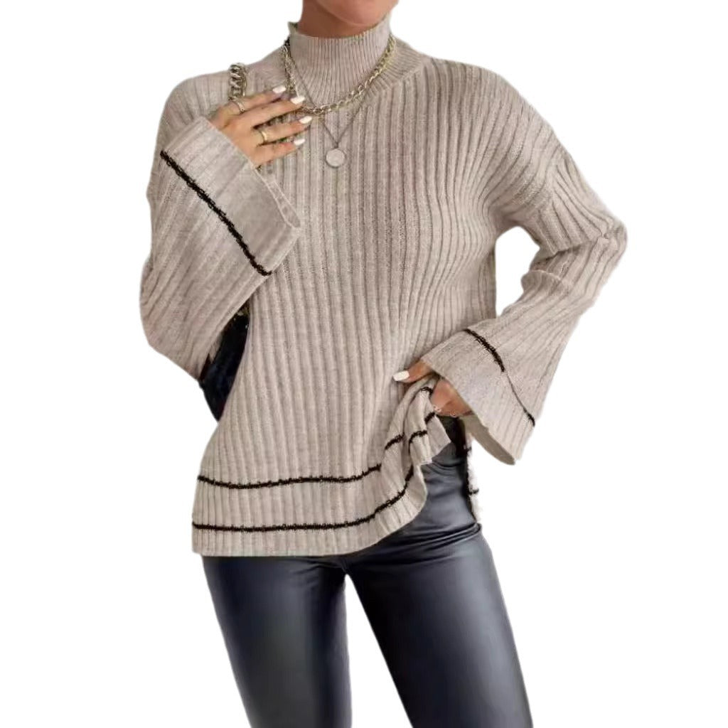 Damen eleganter Strickpullover mit hohem Kragen und weitem Ärmelabschluss R&B