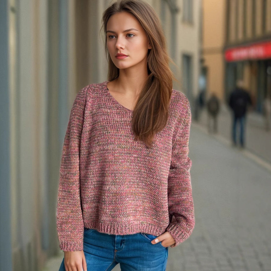 Damen lässiger V-Ausschnitt Pullover mit strukturiertem Maschenmuster R&B