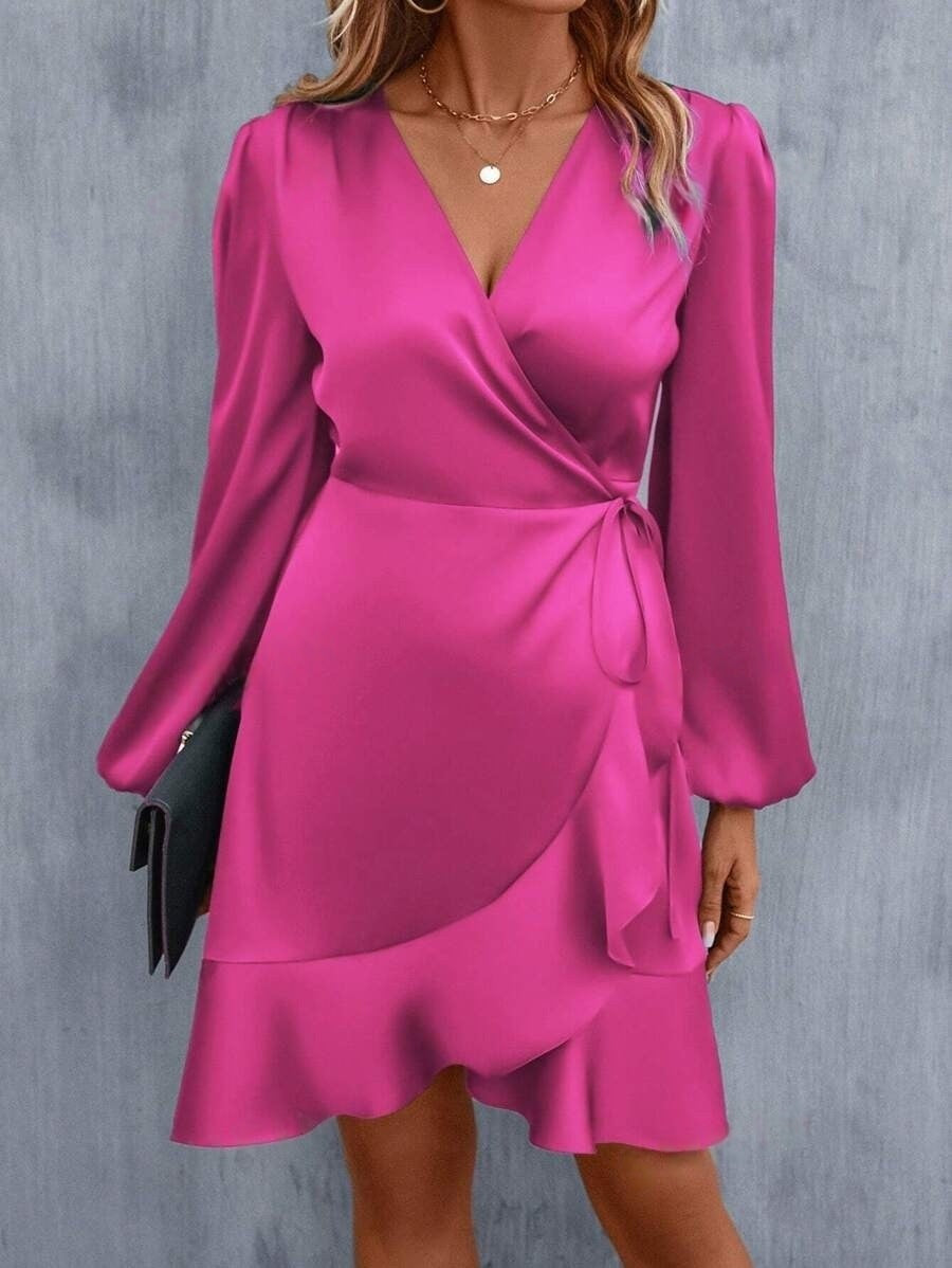 R&B | V-Ausschnitt Kleid Satin Taille Eng Niedrig Ausschnitt Lässig Midi Kleid Süß Frauen Kleidung