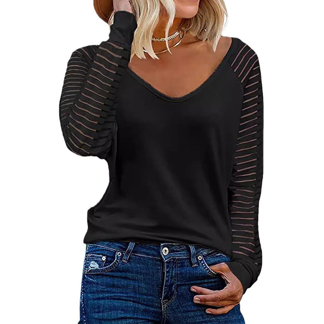 Damen Langärmliges V-Ausschnitt Shirt mit gestreiften Ärmeln R&B