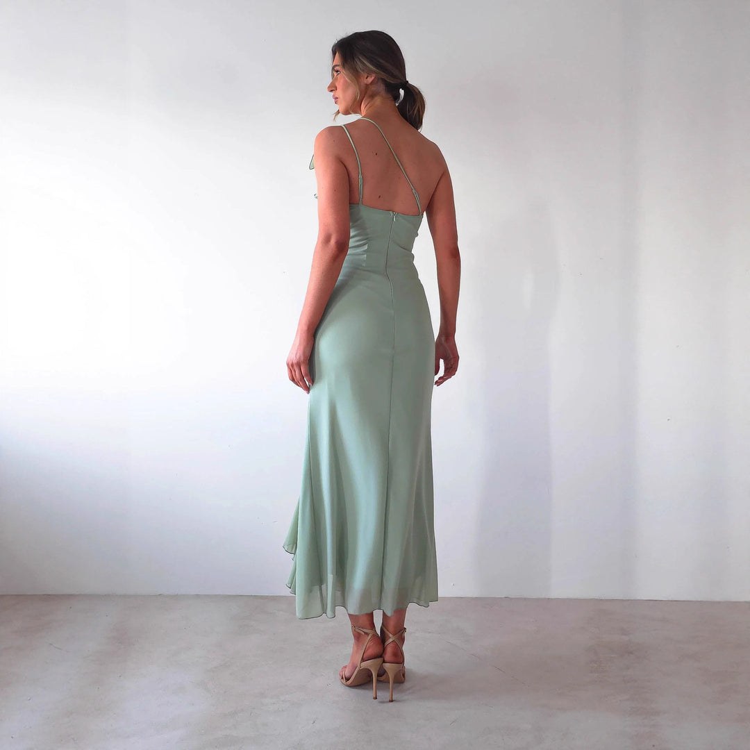 Damen Elegantes Rüschen-Maxi-Kleid im Stile einer Seite mit hohem Schlitz R&B