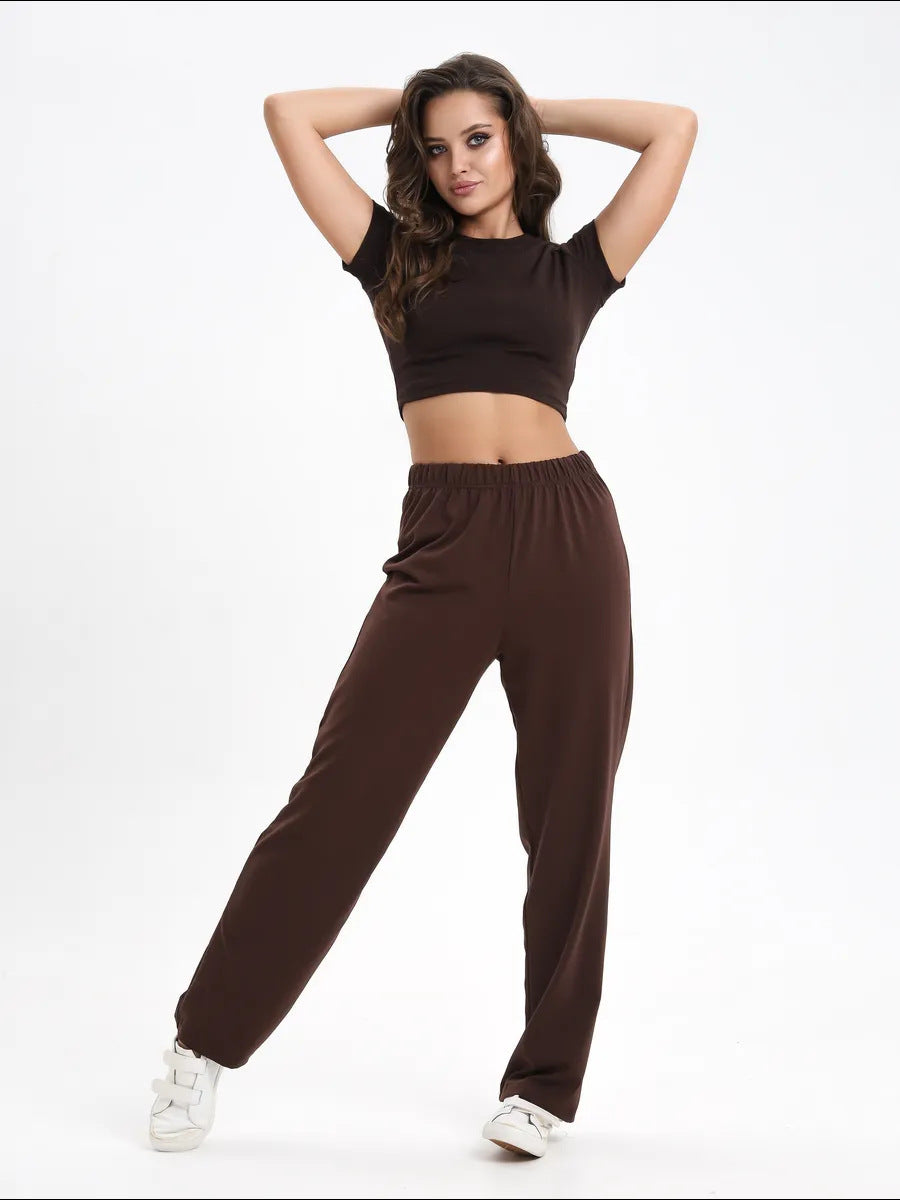 Damen lässiges Set mit cropped Oberteil und weiten Stoffhosen R&B