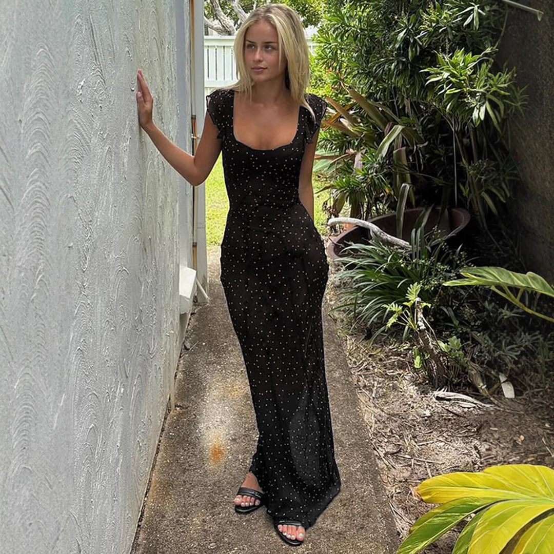 Damen Maxikleid mit feinem Punktmuster und Spaghettiträgern R&B