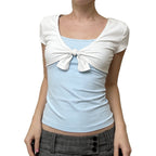 Damen Kurzarm Blusentop mit Knotendetail R&B
