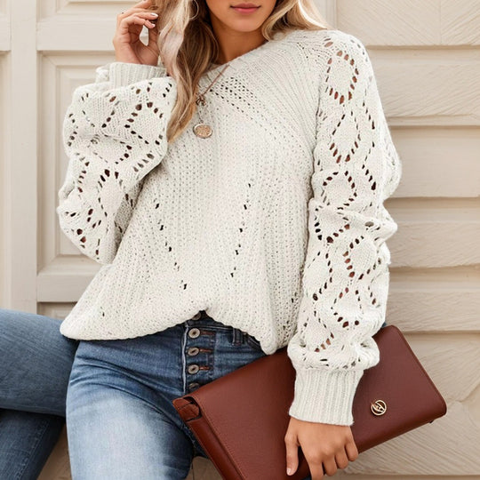 Damen Strickpullover mit romantischem Lochmuster und voluminösen Ärmeln R&B