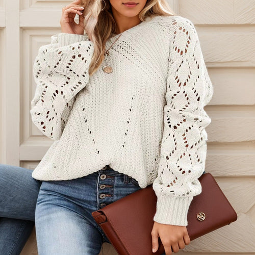 Damen Strickpullover mit romantischem Lochmuster und voluminösen Ärmeln R&B