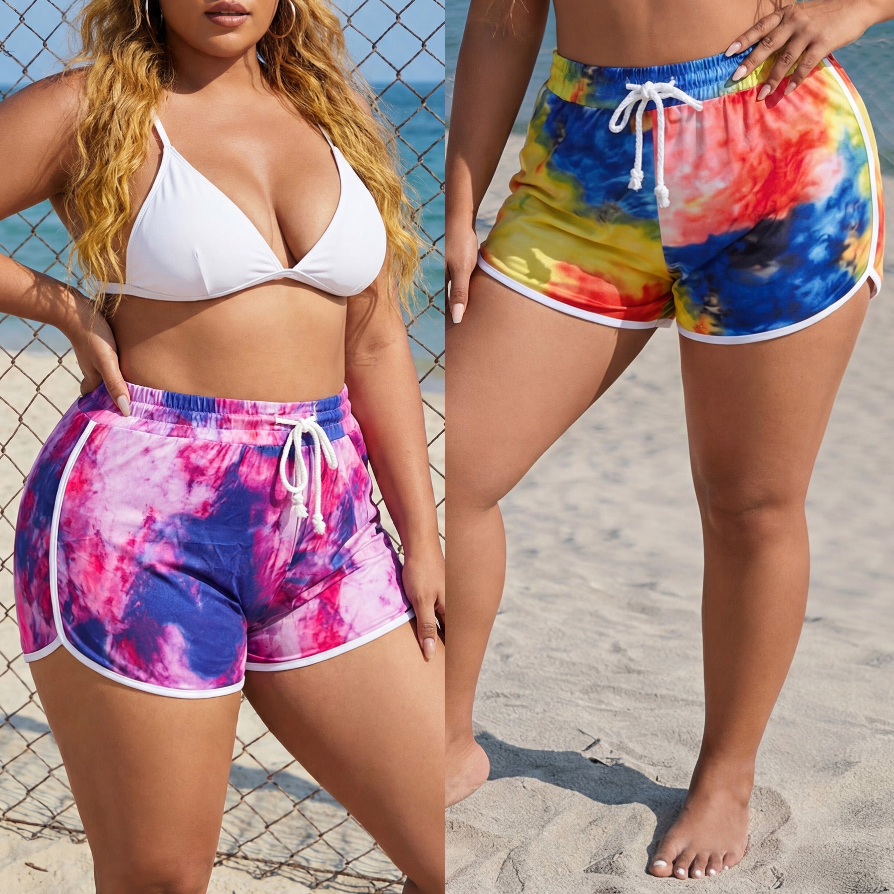 Damen sportliche Badeshorts mit buntem Batikmuster R&B