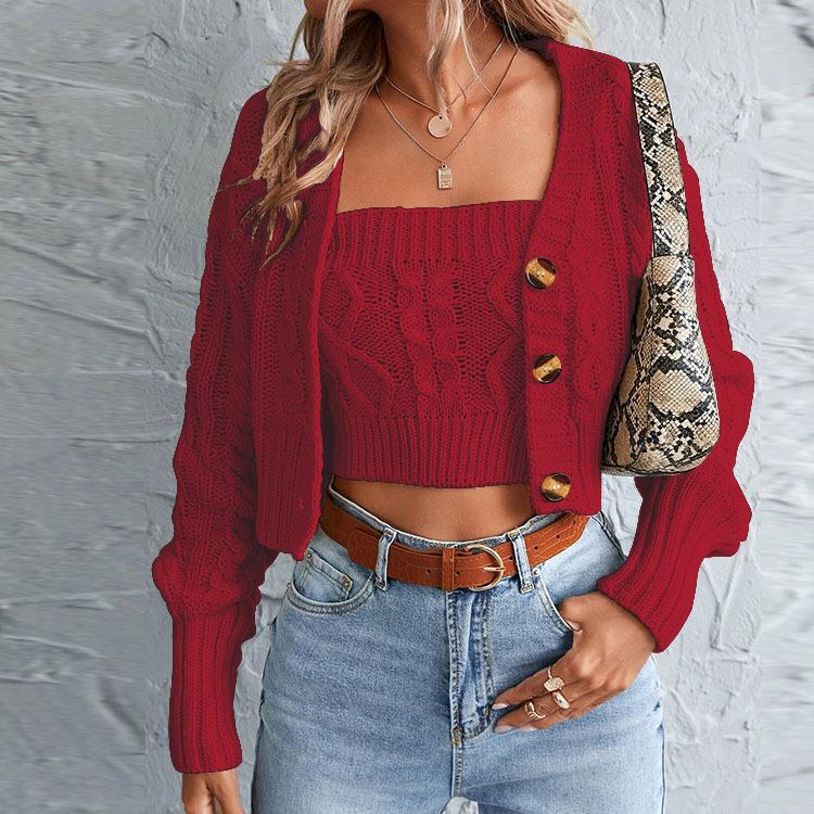 Damen gestricktes Set mit Cardigan und Crop-Top R&B