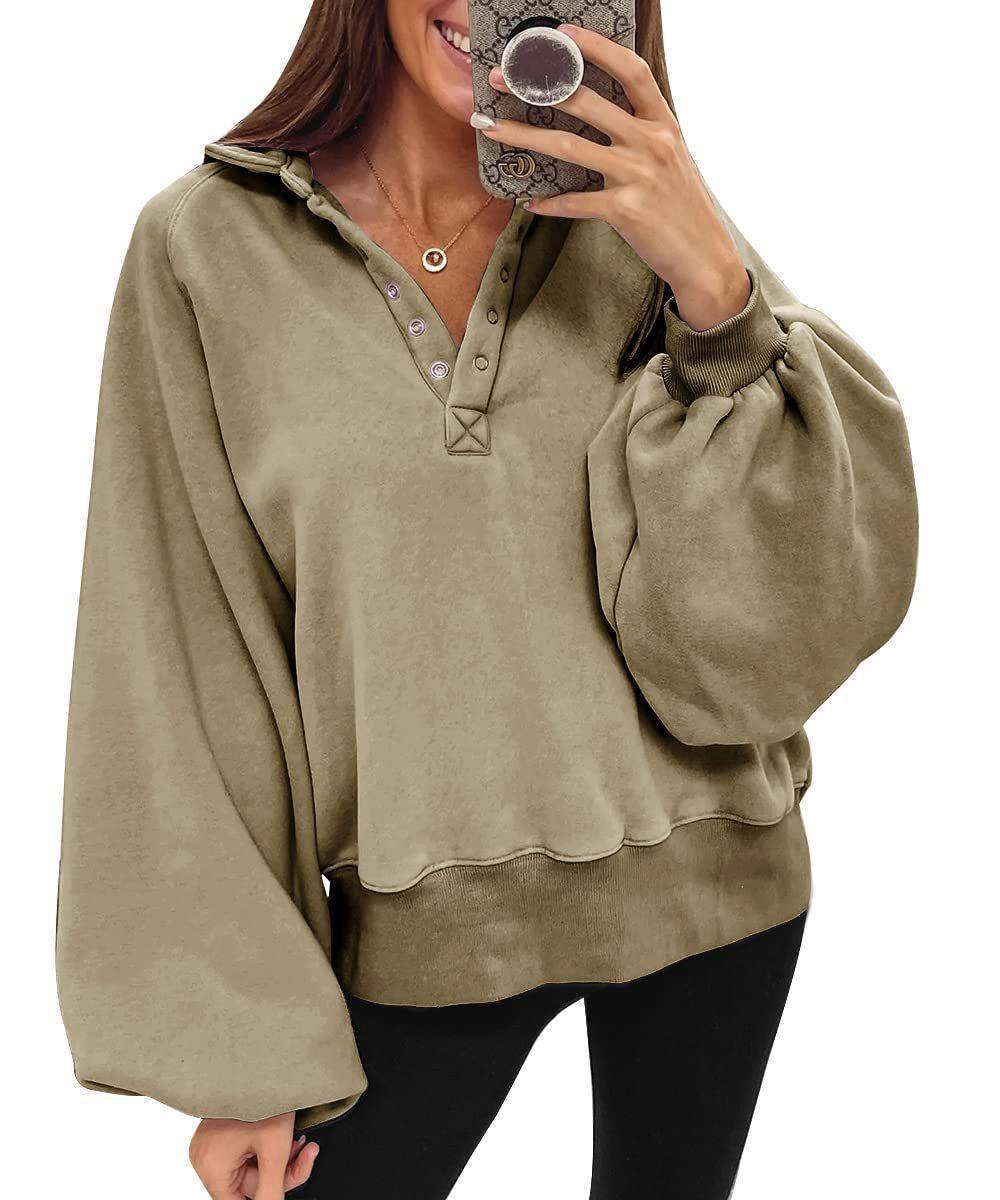 Damen oversized Pullover mit Puffärmeln und Knopfdetails R&B