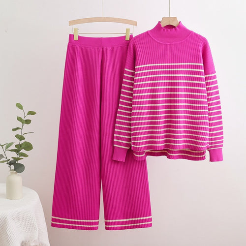 Damen gemütliches Strick-Loungewear-Set mit quer gestreiften Details R&B