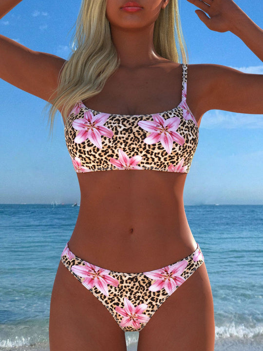 Damen Bikini-Set mit floralem Leopardenmuster und komfortablem Schnitt R&B