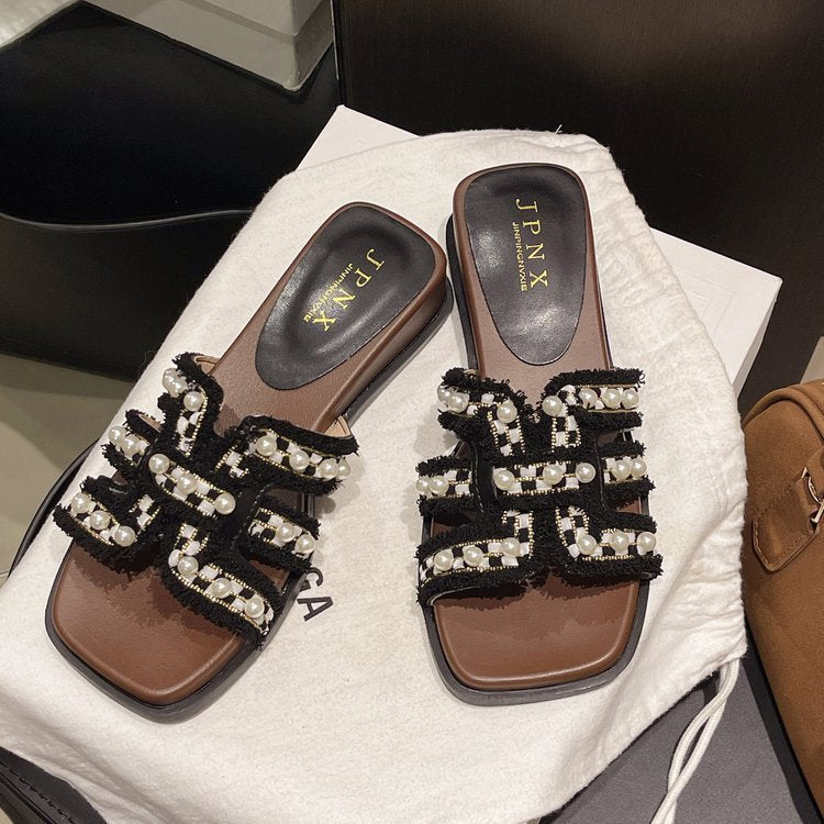 Damen Hochwertige Pantoletten mit Perlenschmuck R&B