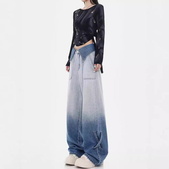 Damen Weite Denim-Jeans mit einzigartigem Farbverlauf und modischen Akzenten R&B