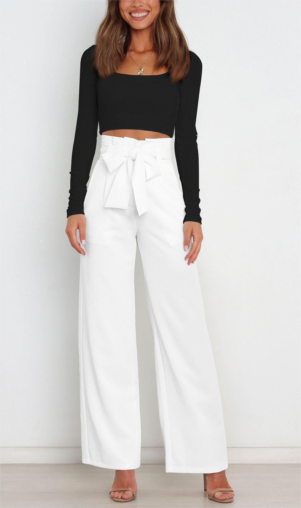 Damen Weit geschnittene High-Waist-Hose mit Binde-Gürtel und Taschen R&B