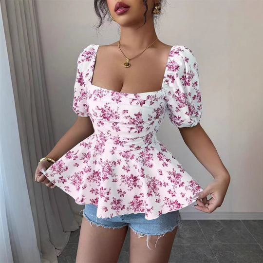Damen Peplum-Bluse mit Puffärmeln und floralem Design R&B