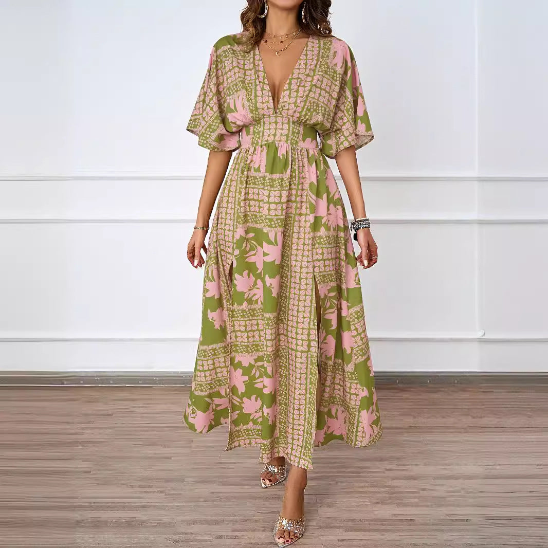 Damen luftiges Maxikleid mit tiefem V-Ausschnitt und eleganten Rüschen R&B