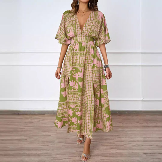 Damen luftiges Maxikleid mit tiefem V-Ausschnitt und eleganten Rüschen R&B