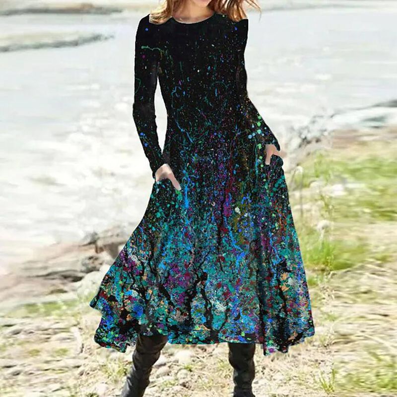 Damen nan A-Linien-Midikleid mit abstraktem Spritzmuster, Rundhalsausschnitt, langen Ärmeln und Eingrifftaschen R&B