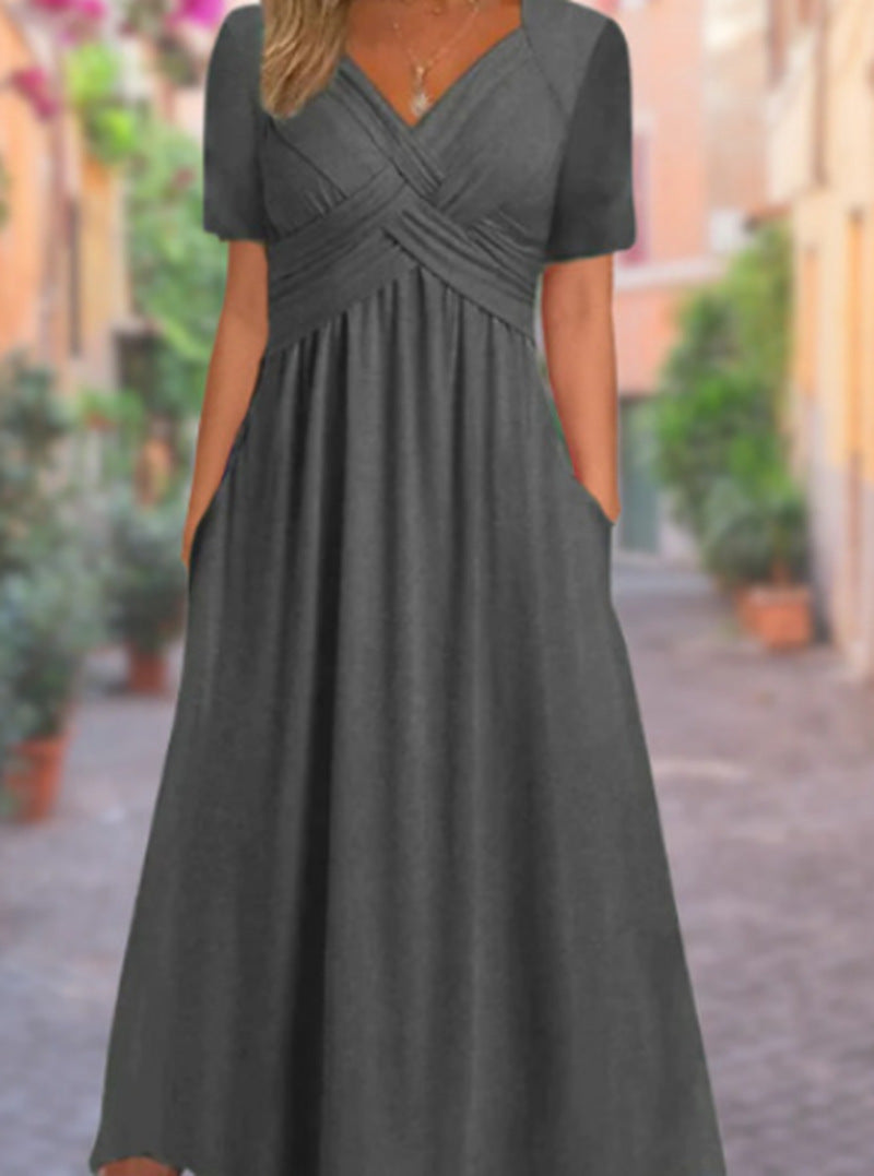 Damen nan Maxikleid kurzarm mit überkreuztem Oberteil und Eingrifftaschen R&B