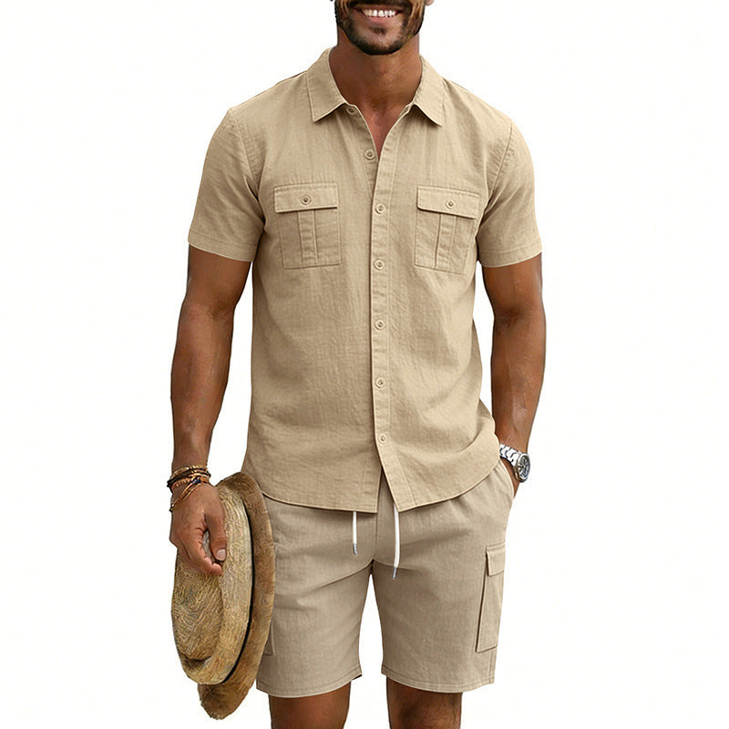 Herren nan sommerliches Freizeitset aus Baumwoll-Leinenmix mit Kurzarm-Hemd und Cargo-Shorts R&B