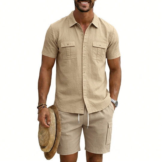 Herren nan sommerliches Freizeitset aus Baumwoll-Leinenmix mit Kurzarm-Hemd und Cargo-Shorts R&B