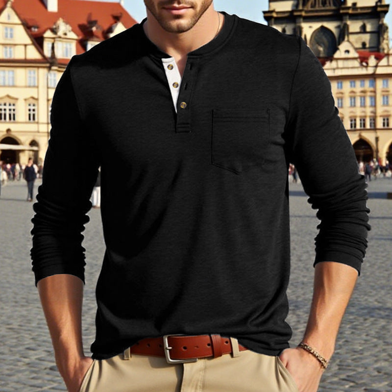 Herren Langarm-Henley-Shirt mit modischem Knopfdesign und praktischer Brusttasche R&B