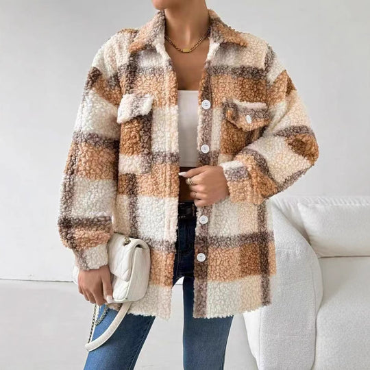 Damen Plüsch Overshirt mit Karomuster R&B