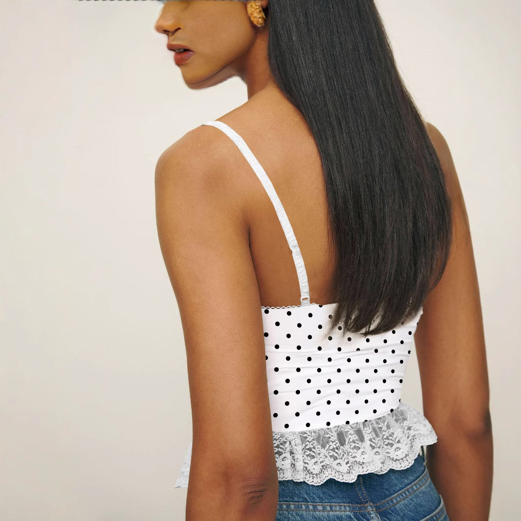 Damen Spitzentop mit Punkten und Rüschensaum R&B