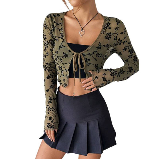Damen Crop-Top mit floralen Applikationen und Bindebändern R&B