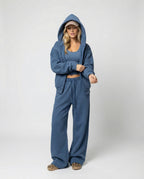 Damen luxuriöses Velours-Joggingset mit Reißverschluss-Hoodie, Kängurutasche und weit geschnittener hochgeschnittener Hose R&B