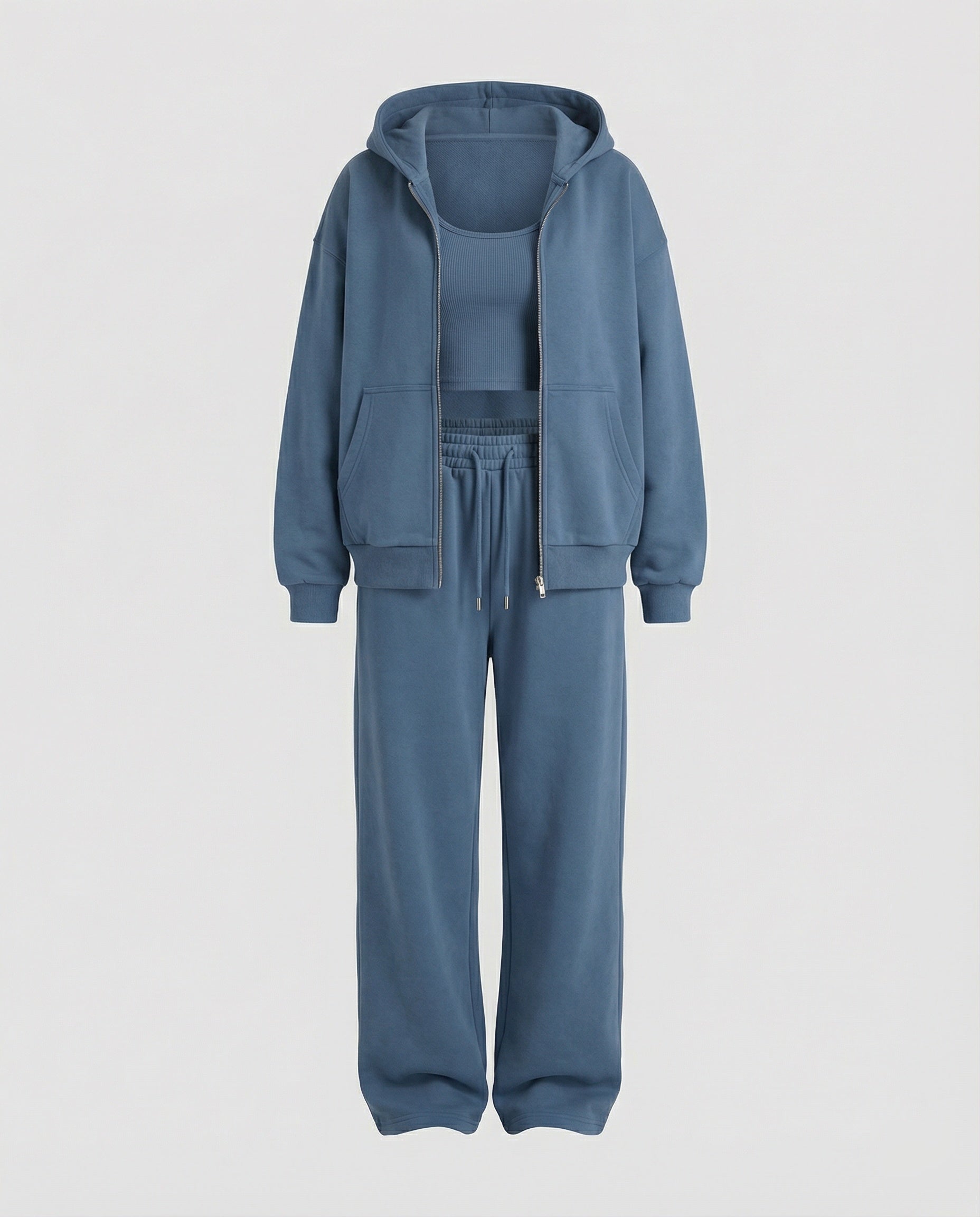 Damen luxuriöses Velours-Joggingset mit Reißverschluss-Hoodie, Kängurutasche und weit geschnittener hochgeschnittener Hose R&B