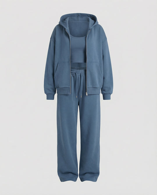 Damen luxuriöses Velours-Joggingset mit Reißverschluss-Hoodie, Kängurutasche und weit geschnittener hochgeschnittener Hose R&B