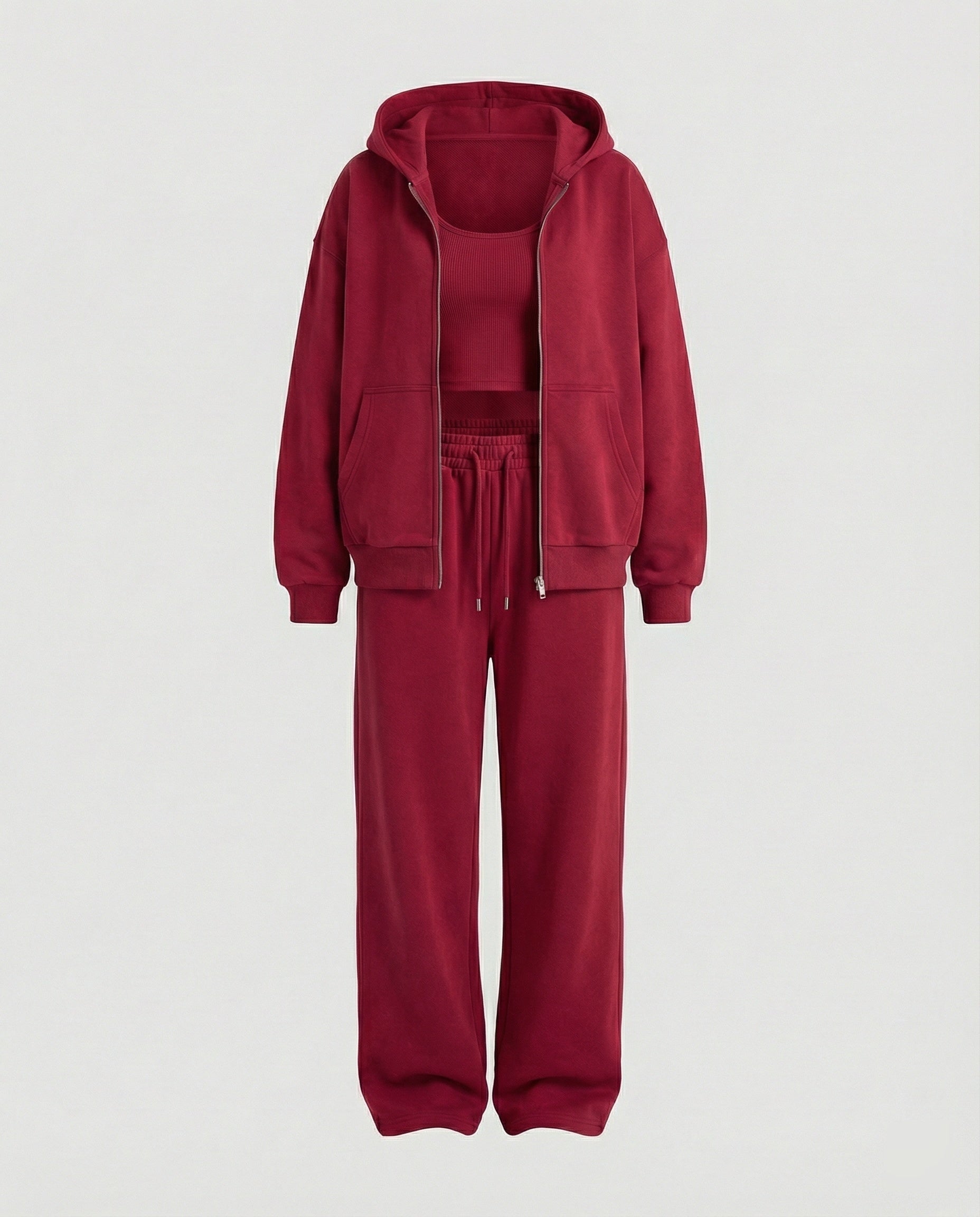 Damen luxuriöses Velours-Joggingset mit Reißverschluss-Hoodie, Kängurutasche und weit geschnittener hochgeschnittener Hose R&B