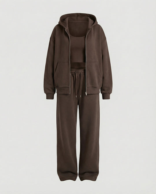 Damen luxuriöses Velours-Joggingset mit Reißverschluss-Hoodie, Kängurutasche und weit geschnittener hochgeschnittener Hose R&B
