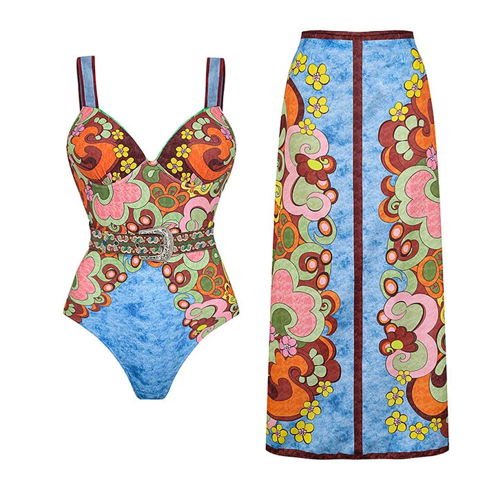Damen Vintage Badeanzug mit buntem Muster und Schmuckgürtel R&B