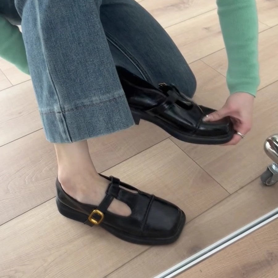 Damen elegante T-Strap Ballerinas mit modischer Schnallenverzierung R&B