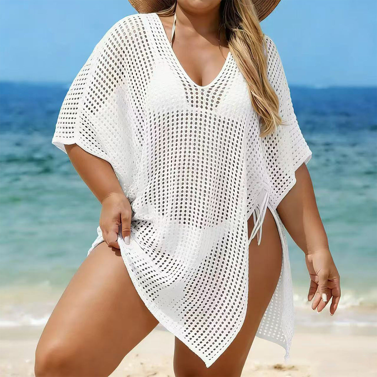 Damen luftiger Strandüberwurf mit V-Ausschnitt und seitlichem BindR&Band R&B