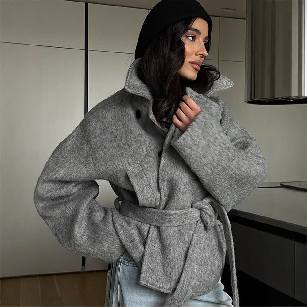 Damen elegante Oversized-Wolljacke mit Gürtel R&B