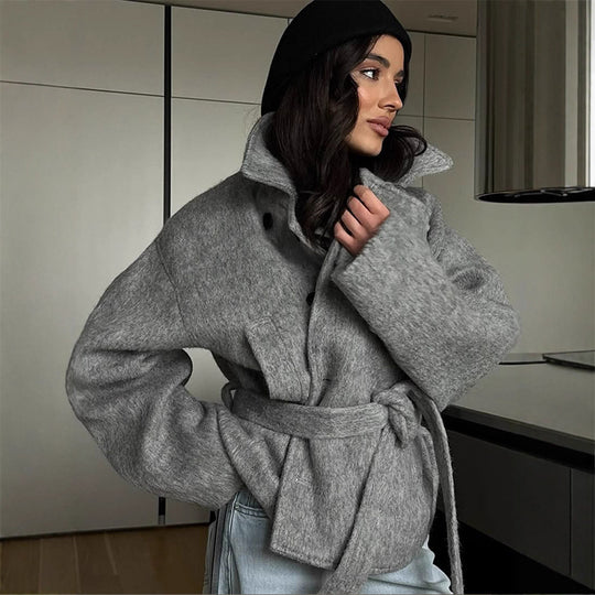Damen elegante Oversized-Wolljacke mit Gürtel R&B