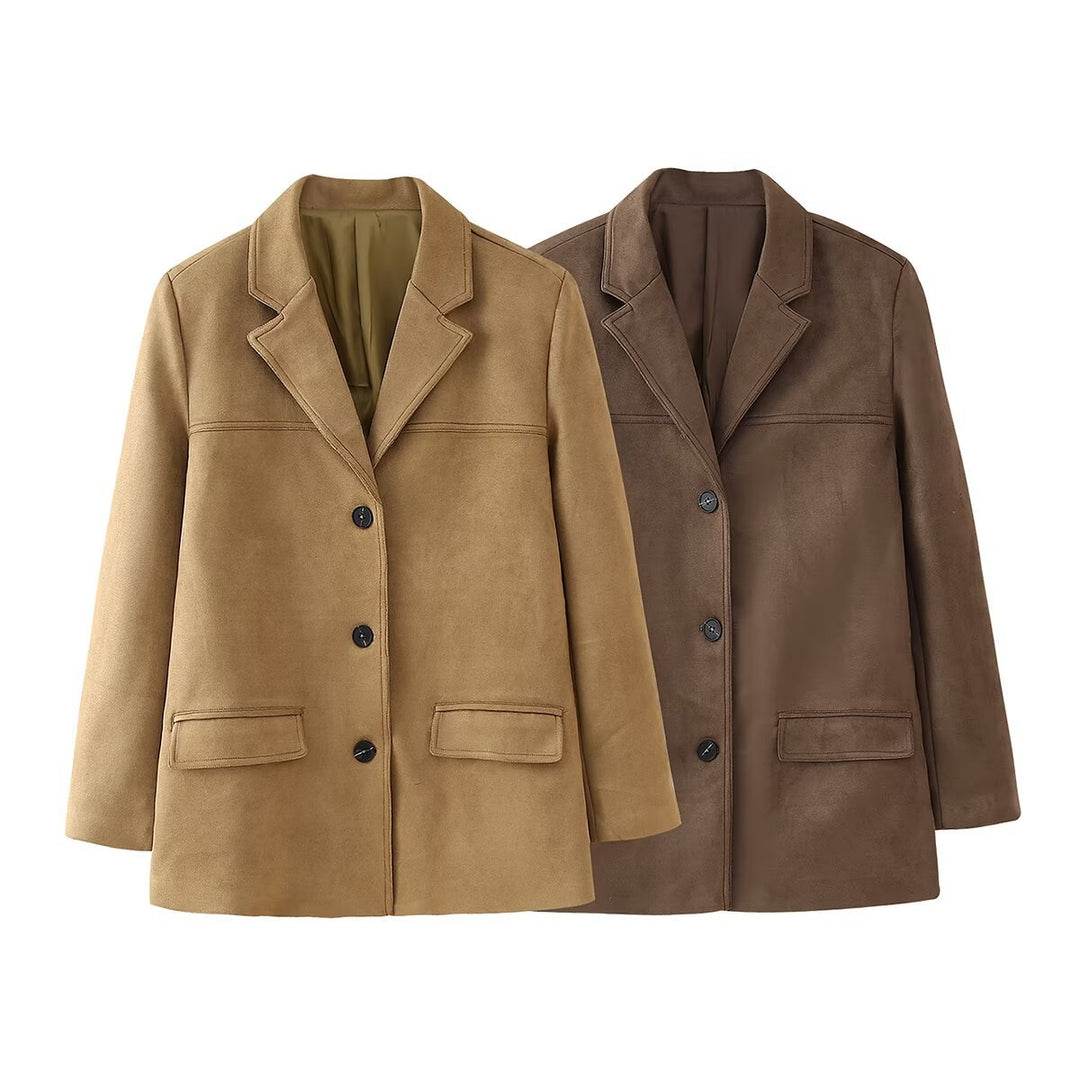 Damen Casual Blazerjacke aus hochwertigem Kunstleder mit eleganten Taschen R&B