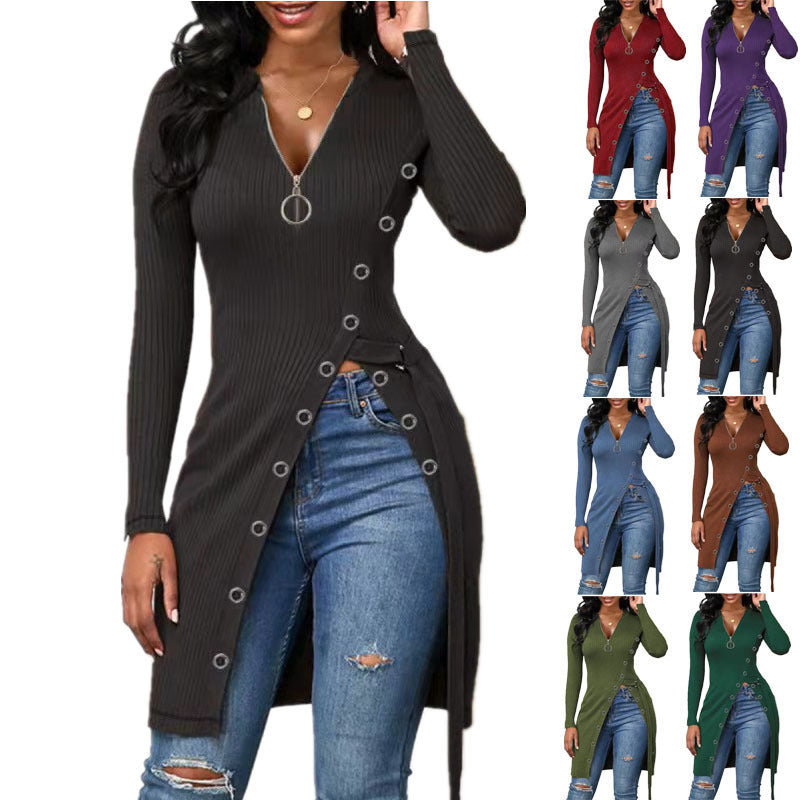 Damen figurbetontes Wickelshirt mit Knopfdetails und tiefem V-Ausschnitt R&B
