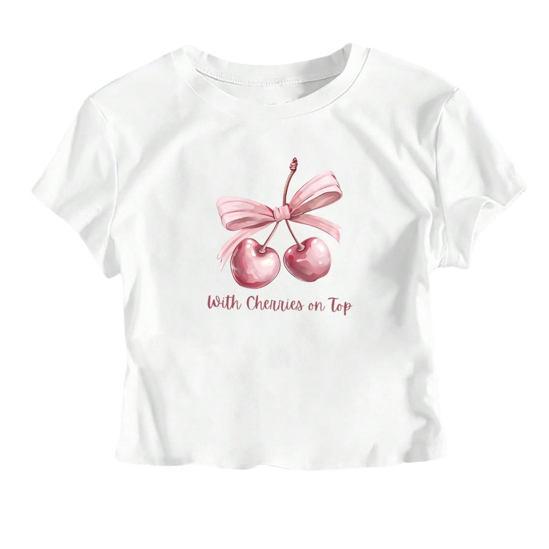 Damen Kurzarm Crop-T-Shirt mit fröhlichem Kirschmotiv und Schleifenapplikation R&B