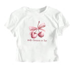 Damen Kurzarm Crop-T-Shirt mit fröhlichem Kirschmotiv und Schleifenapplikation R&B