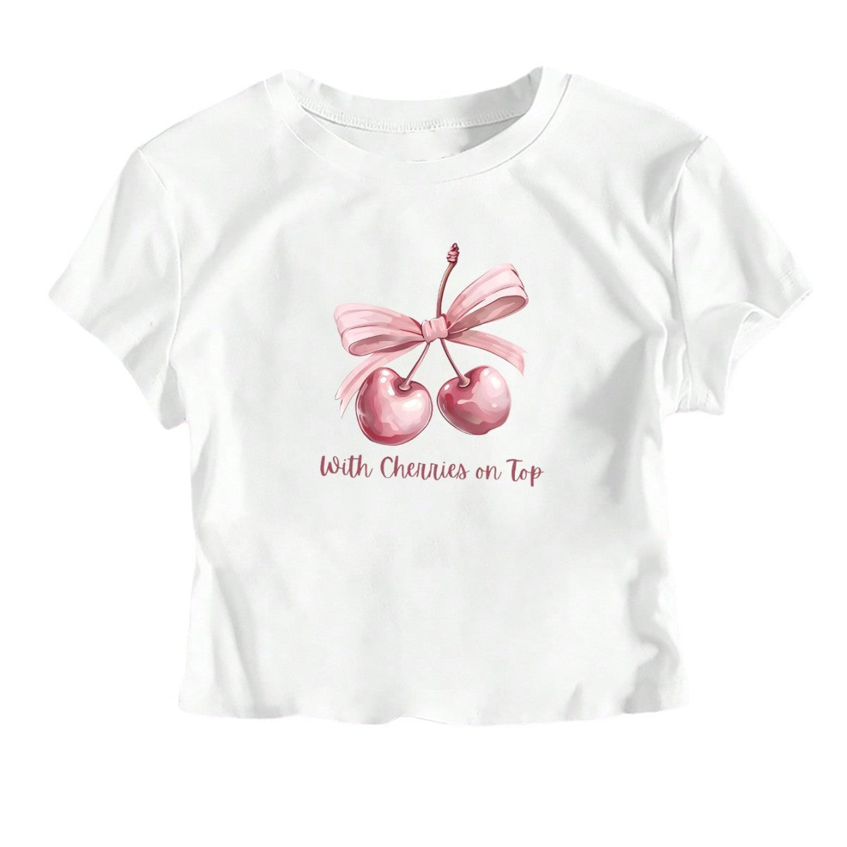 Damen Kurzarm Crop-T-Shirt mit fröhlichem Kirschmotiv und Schleifenapplikation R&B