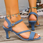 Damen High Heel Sandalen mit eleganten Denim-Riemen und komfortablem Blockabsatz R&B