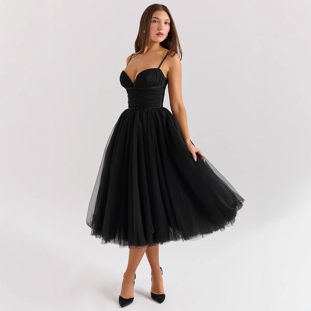 Damen Tüllkleid mit eleganter A-Linien Silhouette und verstellbaren Spaghettiträgern R&B