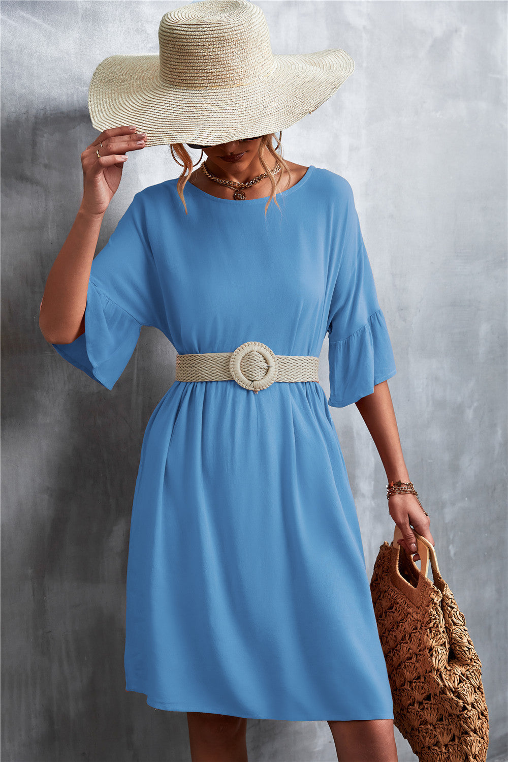 Damen Freizeitkleid mit weit ausgestellten Ärmeln und elastischem Taillenbund R&B