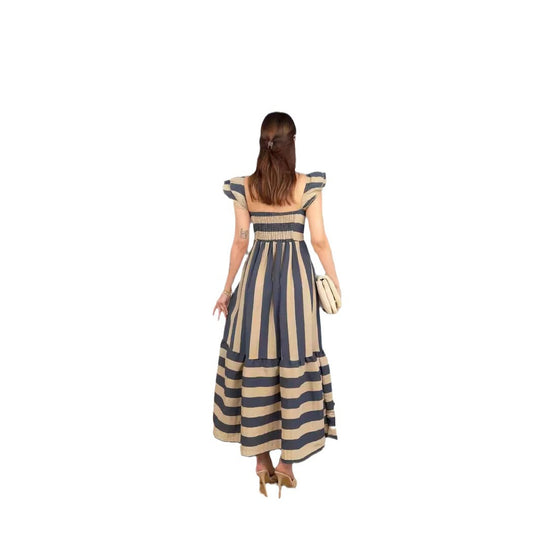 Damen Maxi-Kleid mit verspieltem Streifenmuster und Rüschendetails R&B