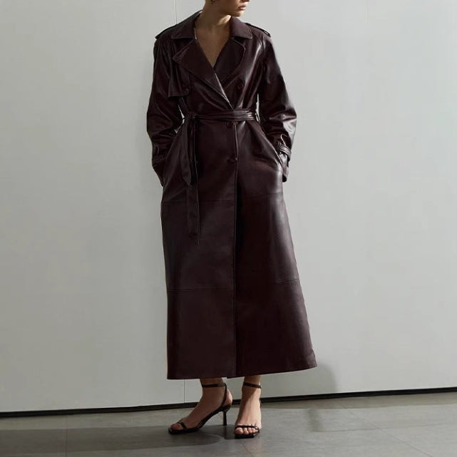 Damen eleganter Kunstleder-Trenchcoat mit taillierbarem Gürtel und praktischen Taschen R&B